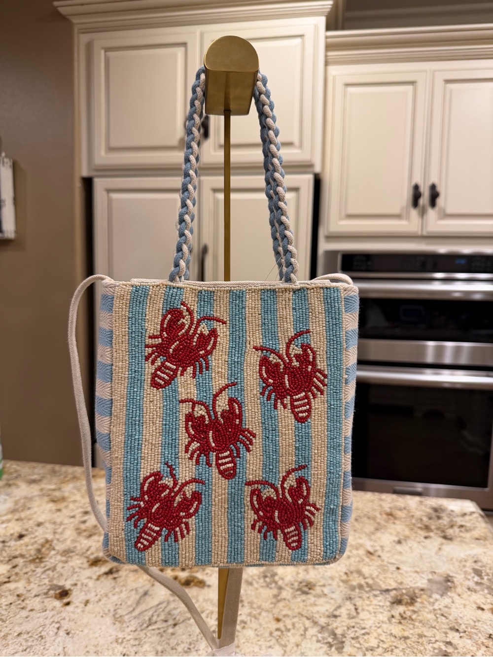 Hand-Beaded Lobster Stripe Tote in Blue & Cream